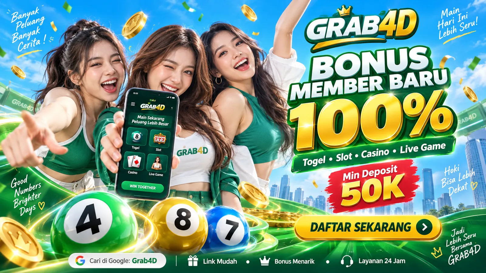 GRAB4D: Bonus Member Baru 100%, Min Deposit 50K. Daftar sekarang