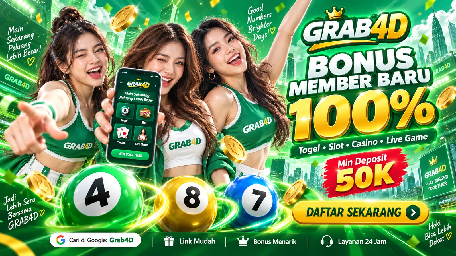 GRAB4D: Bonus Member Baru 100%, Min Deposit 50K. Daftar sekarang